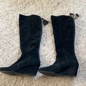 Anne Klein Calf High Black Leather Wedge Boots